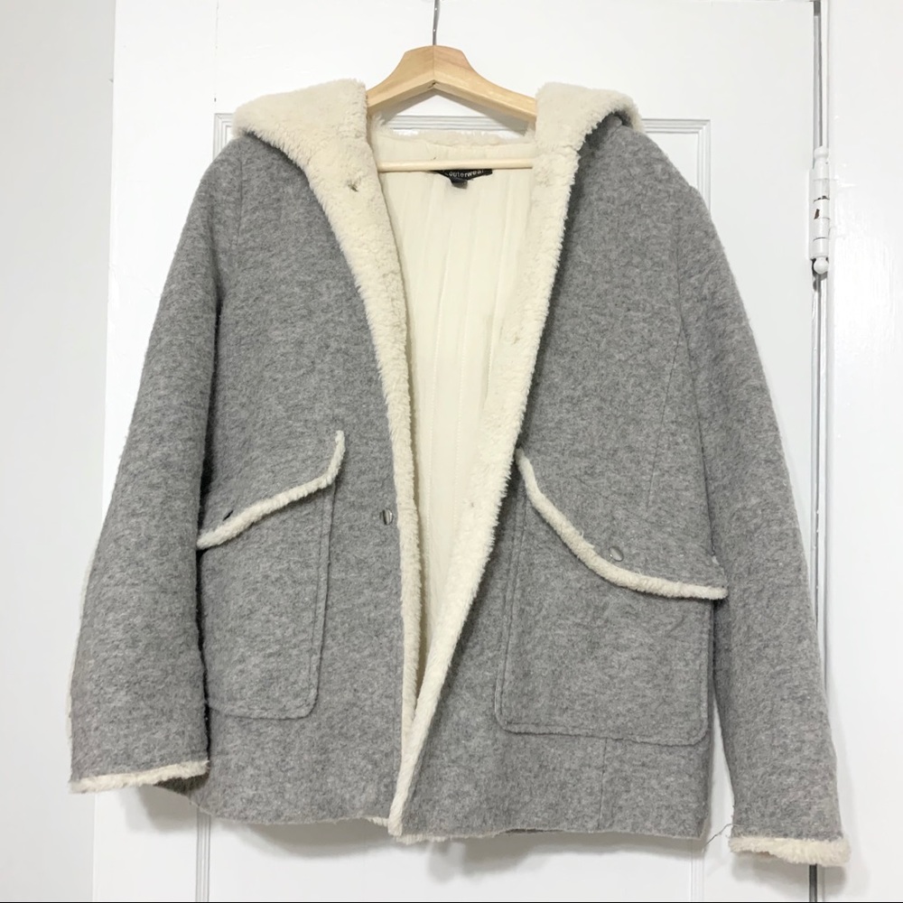 Zara trf Grey Wool and Faux Fur Hooded Coat